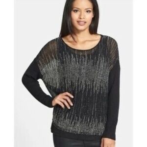 Eileen Fisher Medium Black & Grey Blurred Lines Open Knit Wool & Linen Sweater